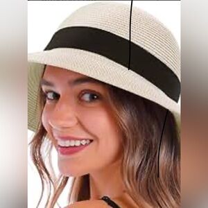 Furtalk NWT Stylish Cream Sun Hat with Black Ribbon straw beach boho